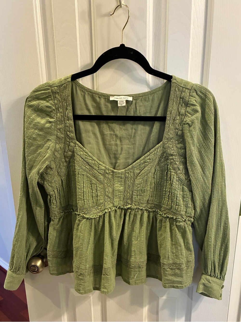 American Eagle Olive Green Peasant Blouse - Long Sleeve Sweetheart Neck